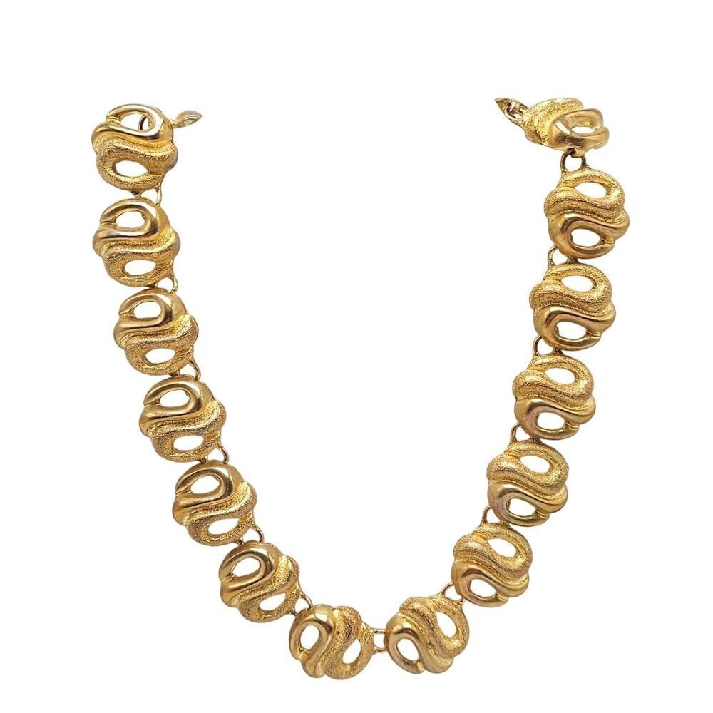 Textured Link Statement Necklace Fold Over Clasp Gold Tone Vintage 1980s